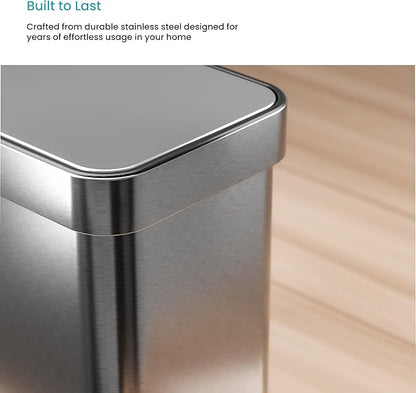 Home Zone Living 3 Gallon Small Trash Can with a Lid and Step Pedal, CleanAura, Odor Control, Stainless Steel with Slim Design for Home and Office, Silver, 10 Liters