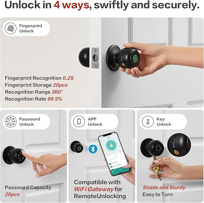Lockin 4 in 1 Fingerprint Door Lock, Smart Door Knob with Lock, Biometric Door Lock with App Control & Key, Auto Door Lock with Code, Keyless Entry Door Lock for Bedroom, Front Door, Hotel, Apartment