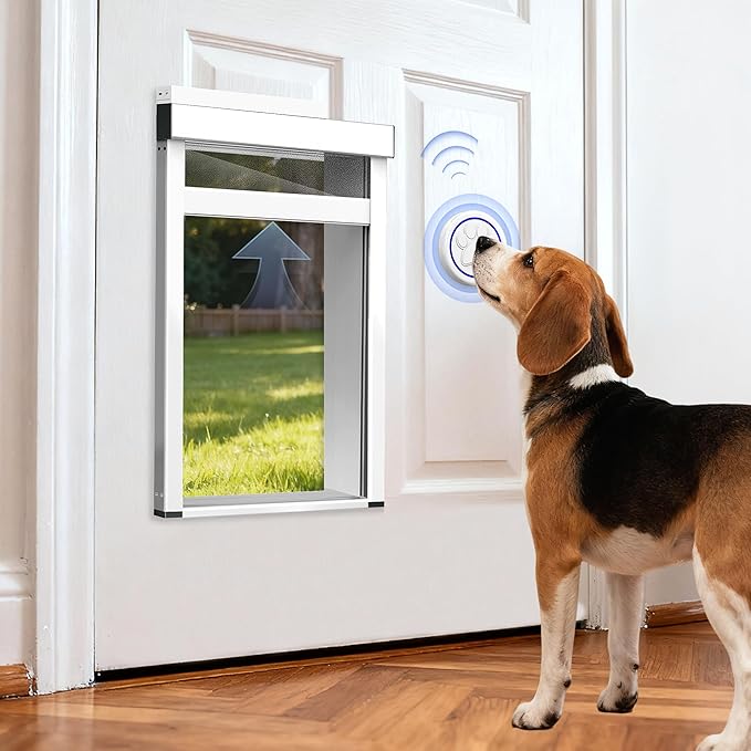 Automatic Dog Door with Doorbell Activation, 2-Flap Electronic Smart Pet Door with Anti-Pinch, No Collar Needed, Aluminum Lockable Weatherproof Telescoping Tunnel for Pets (Medium, Door Mount)