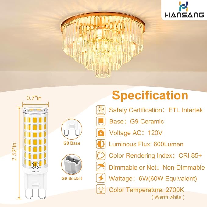 G9 LED Bulb Bi Pin Ceramic Base 2700K Soft White, 60W Halogen Equivalent T4 LED Light Bulbs, G9 Base Chandelier Light Bulb for Home Lighting, 600LM, Non-dimmable, 6 Pack
