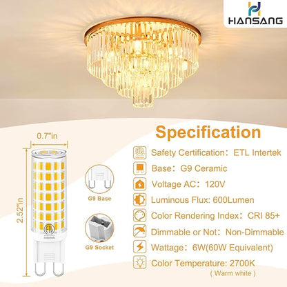 G9 LED Bulb Bi Pin Ceramic Base 2700K Soft White, 60W Halogen Equivalent T4 LED Light Bulbs, G9 Base Chandelier Light Bulb for Home Lighting, 600LM, Non-dimmable, 6 Pack