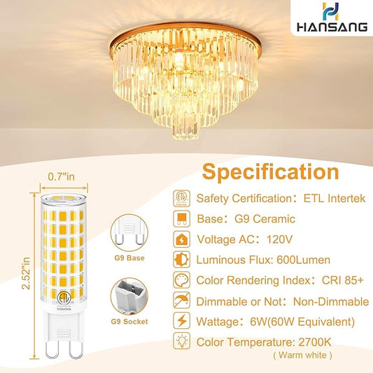 G9 LED Bulb Bi Pin Ceramic Base 2700K Soft White, 60W Halogen Equivalent T4 LED Light Bulbs, G9 Base Chandelier Light Bulb for Home Lighting, 600LM, Non-dimmable, 6 Pack