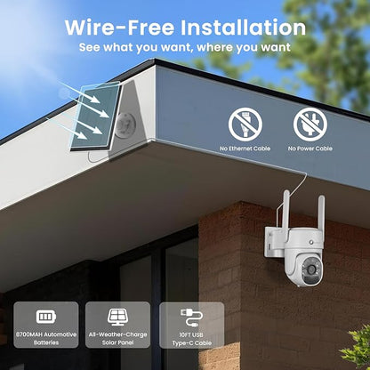 xmartO Wire-Free Solar Security Camera Outdoor Wireless, 4MP 2K QHD PTZ AI Tracking Security Camera, 5G Dual Band WiFi6, 8700mAh Battery, All-Weather Solar Charging, WiFi6 Long Range, No Monthly Fees
