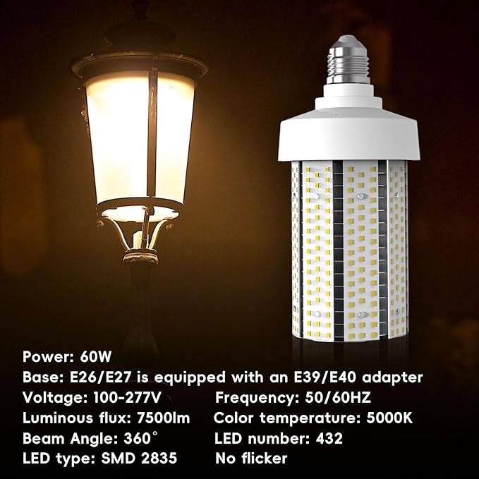 60W LED Corn Light Bulb 1-Pack 7500LM 5000K Cob Light Equivalent 600W E26 Base with E39 Adapter for Garage Warehouse Barn Workshop Outdoor Porch