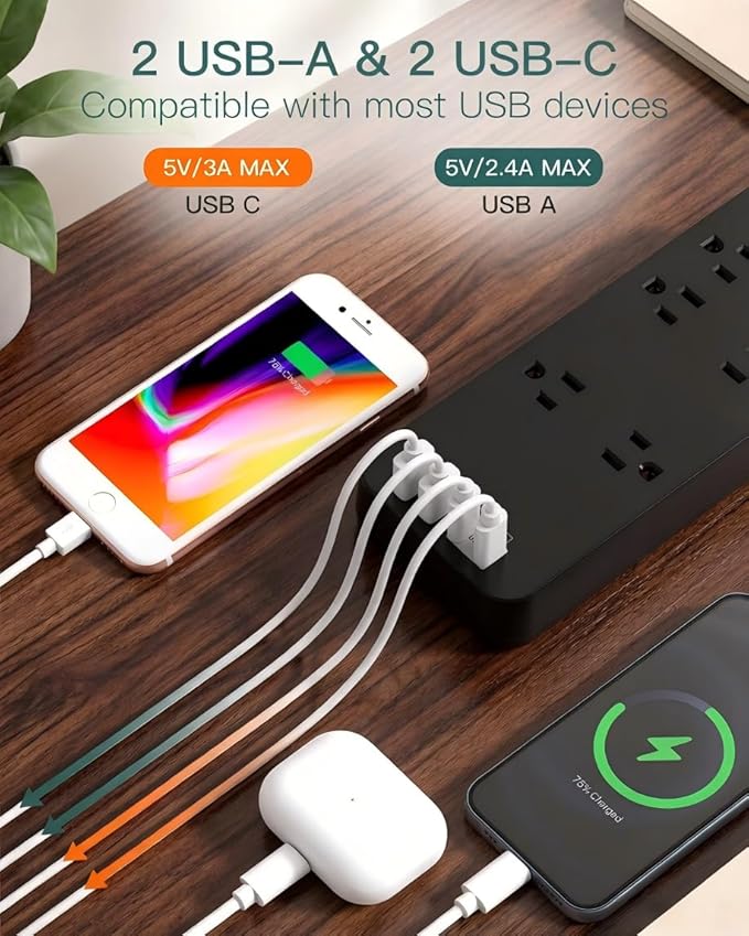 Addtam Power Strips with Surge Protection, 15FT Long Extension Cord with Multiple Outlets, Surge Protector Power Strip with 10 Outlets and 4 USB Ports(2 USB C), Flat Plug, 2700J, Black