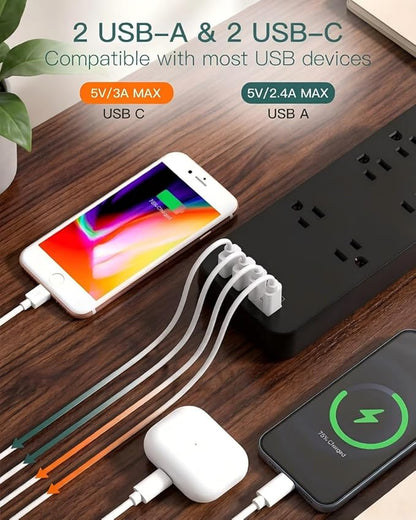 Addtam Power Strips with Surge Protection, 15FT Long Extension Cord with Multiple Outlets, Surge Protector Power Strip with 10 Outlets and 4 USB Ports(2 USB C), Flat Plug, 2700J, Black