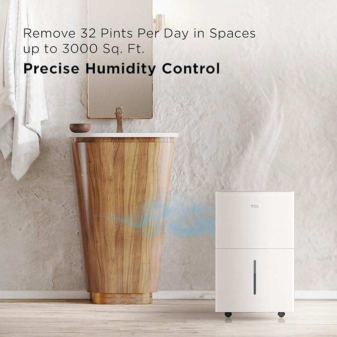 TCL 3000 Sq. Ft. Smart Dehumidifier, Energy Star Most Efficient 2024, Ultra-compact, 32 Pints Per Day, for Whole House, Basement, Bathroom & Bedroom, Compatible with Alexa/Google Assistant, (H32D44W)