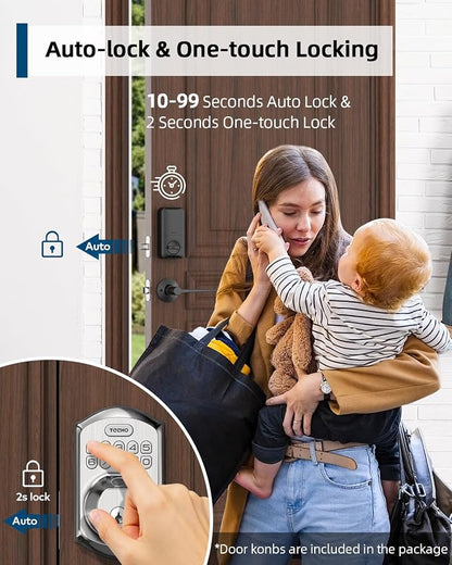 TEEHO TE002L Fingerprint Door Lock with 2 Lever Handles, Keyless Entry Deadbolt with Handle Set, Electronic Keypad Deadbolt for Front Door, Auto Lock and 1 Touch Locking, Satin Nickel