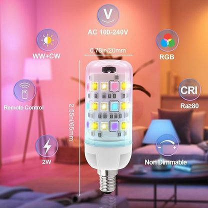 XRise E12 Color Changing Bulb with Remote Control, Dimmable 12 Colors+3000K+6000K, 2W LED E12 Candelabra Bulb 20W Incandescent Replacement, Memory Function, No Flicker, for Mooding Lighting, 4PACK