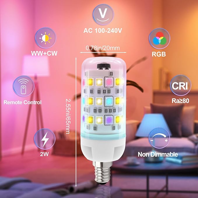 XRise E12 Color Changing Bulb with Remote Control, Dimmable 12 Colors+3000K+6000K, 2W LED E12 Candelabra Bulb 20W Incandescent Replacement, Memory Function, No Flicker, for Mooding Lighting, 8PACK