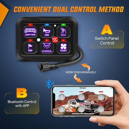 Nilight 6 Gang Switch Panel Relay System w/APP Control Automatic Dimmable | RGB Backlight Panel Circuit Control 2-side Output Fuse Wiring Harness ON Off LED Switch Pod for 12V 24V Car Truck Camper SUV