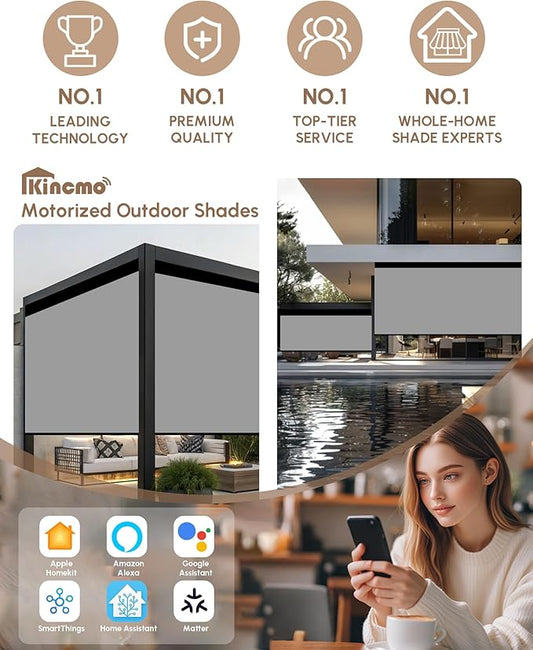 Kincmo Motorized Outdoor Shades for Patio Porch, Custom Outdoor Motorized Blinds with Remote, Waterproof & Windproof Patio Shades Work with Apple Home,Alexa,Google (0% Openness Grey)