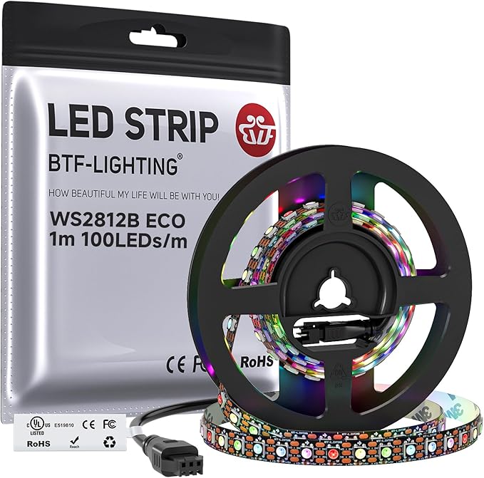 BTF-LIGHTING WS2812B ECO RGB LED Strip,UL Listed,Individually Addressable,3.28FT 100LED/m 100Pixel DC5V 5050SMD,Alloy Wire Flexible 3M Tape for DIY Chasing Color Project IP30(No Adapter or Controller)