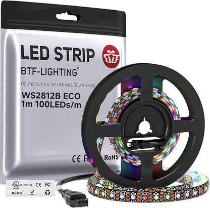 BTF-LIGHTING WS2812B ECO RGB LED Strip,UL Listed,Individually Addressable,3.28FT 100LED/m 100Pixel DC5V 5050SMD,Alloy Wire Flexible 3M Tape for DIY Chasing Color Project IP30(No Adapter or Controller)