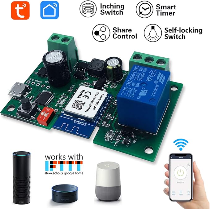 WiFi Wireless Inching Relay Switch Momentary DIY Smart Home Remote Control DC 5-32V AC 90-250V Compatible With Alexa Echo IFTTT (Using TUYA/Smart Life APP)