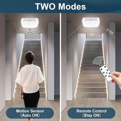 Motion Sensor Rechargeable Ceiling Light Indoor/outdoor with Remote, Wireless Battery Operated Rechargeable Sensor Light for Closet, Garage, Hallway, 3000K-6000K Battery Powered Shower Lights, 2 Pack