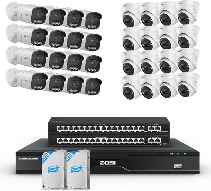ZOSI 32CH 4K PoE Security Camera System,32 x 8MP Full Color Night Vision Outdoor PoE Cameras,Person Vehicle Detection,2 Way Audio,Spotlight Siren,32CH Surveillance NVR with 8TB HDD for 24/7 Recording
