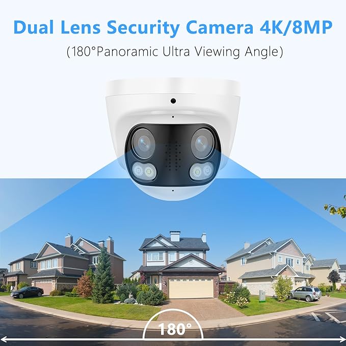 4K 8MP Dual Lens PoE IP Security Camera with 180° Ultra Wide Viewing Angle, 2 Way Talk, Human Detection, SD Card Slot(256GB), Full Color/IR2.0 Night Vision, Compatible with Third-Party NVRs