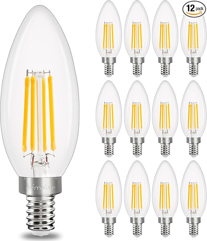 comzler E12 LED Candelabra Bulb Dimmable, 2700K Warm White, 40W Equivalent, Type B Chandelier Light Bulb, B11 Edison Filament for Ceiling Fan, 400LM, Pack of 12
