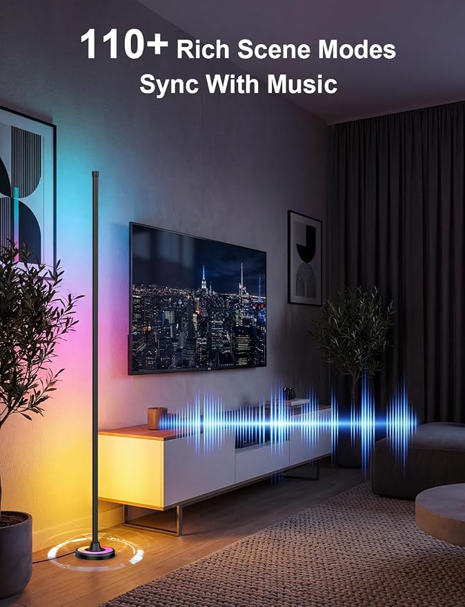 APPECK RGBW 60 Inch Floor Lamp, Standing Lamps with App Control | Smart Corner Floor Flamp Color Changing Modern Standing Lamps with 110 Scenes for Bedroom, Living Room,Compatible with Alexa