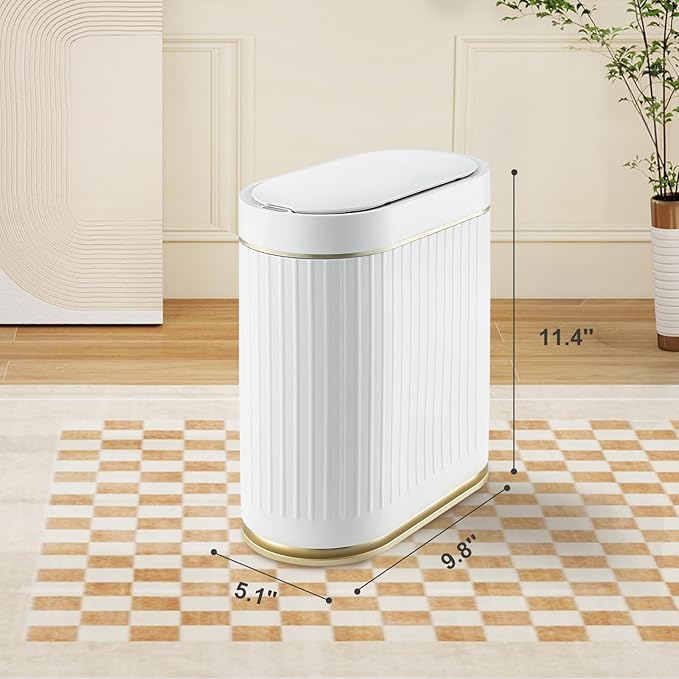 ELPHECO Bathroom Trash Can 2 Gallon Plastic Smart Garbage Can Waterproof 7.5L Wastebasket Bathroom Decor Narrow Garbage Bin with Automatic lid for Bedroom, Kitchen, Office, White Gold