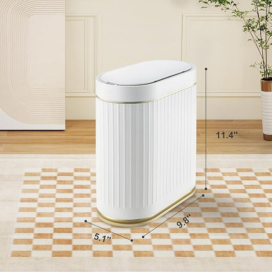 ELPHECO Bathroom Trash Can 2 Gallon Plastic Smart Garbage Can Waterproof 7.5L Wastebasket Bathroom Decor Narrow Garbage Bin with Automatic lid for Bedroom, Kitchen, Office, White Gold