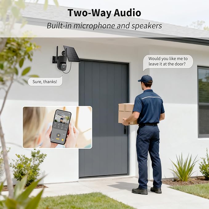WY-LINK Solar Camera Outdoor Wireless, 360° Cameras for Home Security, Two-Way Talk, Auto Tracking, Light Alarm, Color Night Vision (Black)
