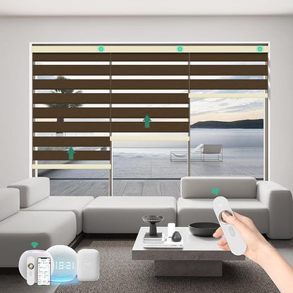 Motorized Zebra Blinds with Remote, Work with HomeKit Alexa Automatic Electric Window Shades 95% Blackout Light Filtering for Smart Home and Office, Customized Size Modern Coffee