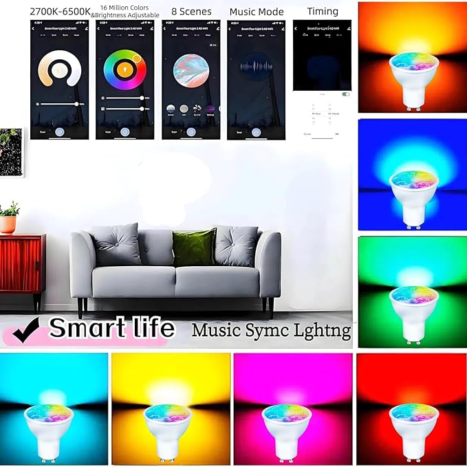 Smart Gu10 LED Bulbs Dimmable Color Changing,Gu10 RGB Bulb, WiFi & Bluetooth LED Bulb Work With Alexa Google, Adjustable 16 Million Color And Music Sync,For Living Roomn Bedroom Office Hotel Etc.2Pack