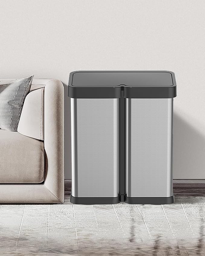 30L+30L Dual Compartment Motion Sensor Trash Can, 16Gal Automatic Kitchen Recycling Bin with Soft-Close Lid & Fingerproof Stainless Steel (Silver)