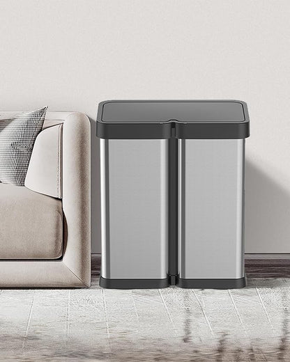 30L+30L Dual Compartment Motion Sensor Trash Can, 16Gal Automatic Kitchen Recycling Bin with Soft-Close Lid & Fingerproof Stainless Steel (Silver)