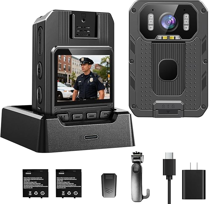 4K Body Camera, 64GB Body Cam with Two 2350mAh Batteries Work 13-15H, H.265 Video Code, Body Camera with Audio and Video Recording for Police Hiking Security Patrol