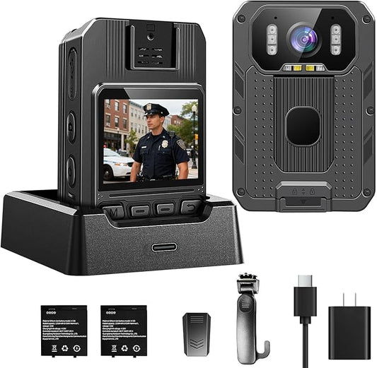 4K Body Camera, 64GB Body Cam with Two 2350mAh Batteries Work 13-15H, H.265 Video Code, Body Camera with Audio and Video Recording for Police Hiking Security Patrol
