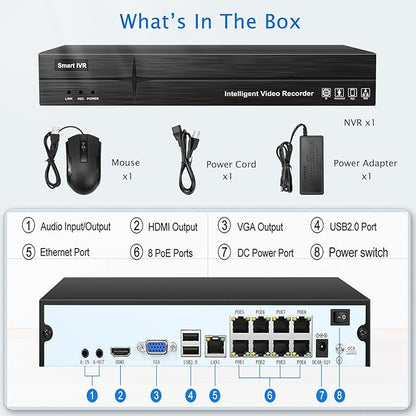 MWRCTV 4K 16CH 8 PoE Port Network Video Recorder 4K NVR for Security Camera System,Supports 8MP 5MP 4MP 2MP HD PoE IP Cameras,UP to 16TB HDD(NOT Include HDD)