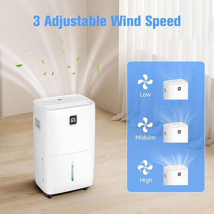 80 Pint Dehumidifier - Up to 5,000 Sq Ft, for Basement, Bedroom, Bathroom, Living Room, Home, Garage | 3 Fan Speeds, Smart Humidity Control, Auto Drain, Easy Move Wheels