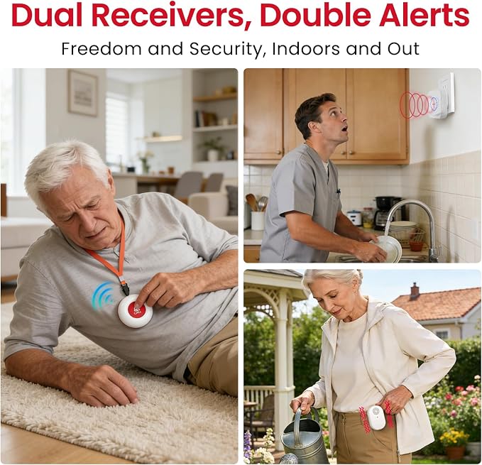 CallToU Wireless Caregiver Pager, 3 Buttons, 2 Portable + 1 Plug-in | Help for Seniors at Home; Dual Battery Vibration Alerts; Outlet Sound/Flash Chime; Bedside, Bathroom & Multi-Room Use