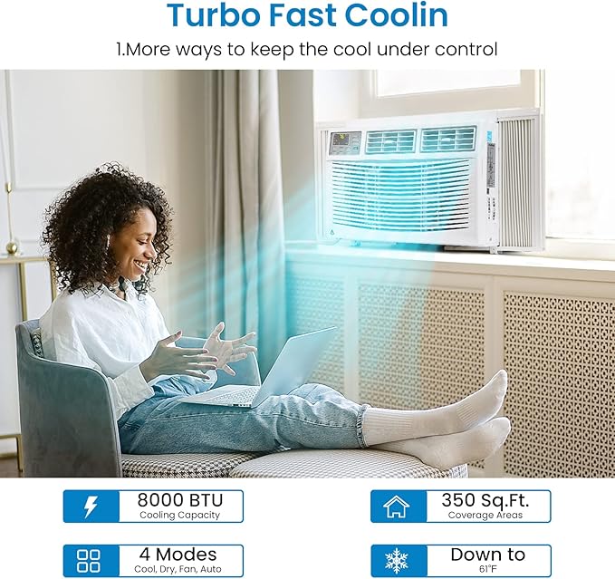 6000 BTU Window Air Conditioner, Smart WiFi AC Unit with Remote Control & Digital Display, Quiet Cooling for Small Rooms up to 250 Sq. Ft., Dehumidifier & Fan Modes, Easy Installation, White