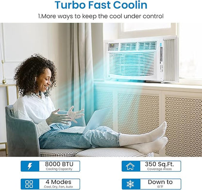 6000 BTU Window Air Conditioner, Smart WiFi AC Unit with Remote Control & Digital Display, Quiet Cooling for Small Rooms up to 250 Sq. Ft., Dehumidifier & Fan Modes, Easy Installation, White