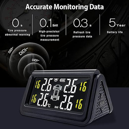 Tire Pressure Monitoring System for Cars with 4 Auto Alarm Modes, Solar Charge, Wireless Smart Real-time, 4 IP67 Waterproof Anti-Theft External TMPS Sensors (0~50psi/0~3.5bar)