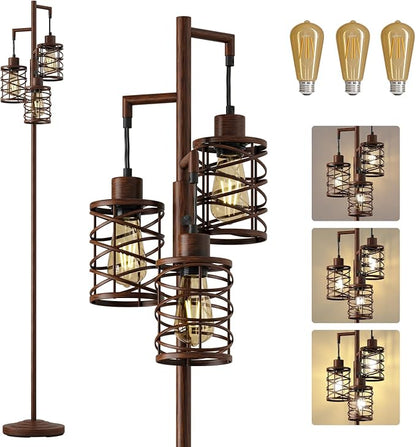 Oneach 70" Industrial Floor Lamp, Stepless Dimmable Standing Lamp with 3 Bulbs, Farmhouse Corner Standing Tree Lamp for Living Room, Tall Lamps for Bedroom, Office, Study Room, Dining Room