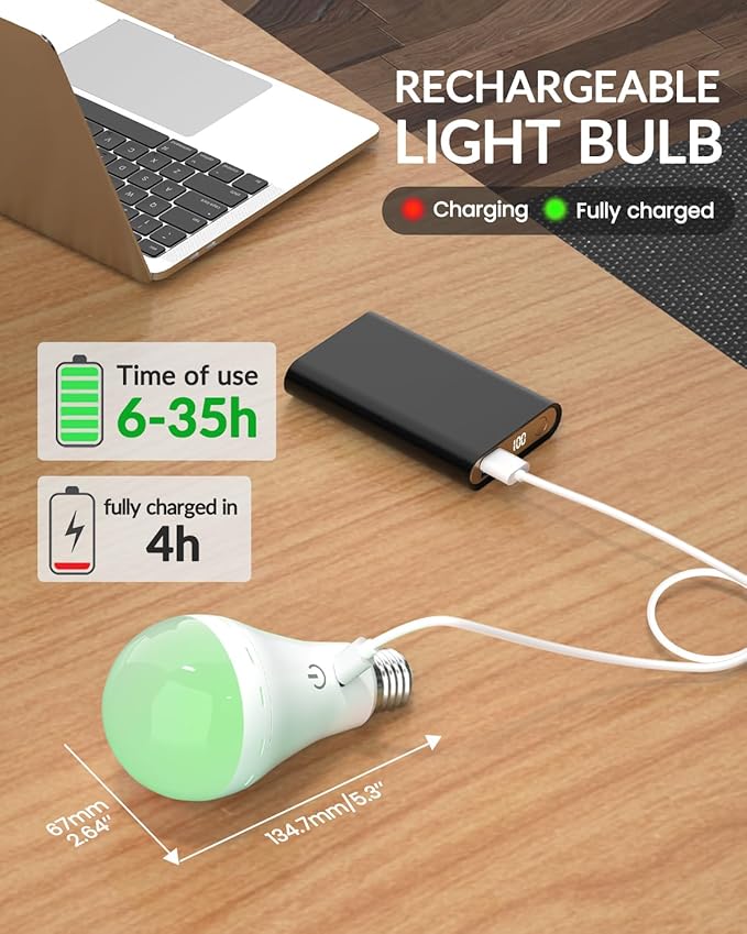 E26 Rechargeable Led Light Bulbs with Remote, 3 Colors Dimmable E26 Battery Operated Light Bulb with Timer, Emergency Rechargeable Light Bulbs, Up to 35 Hours (4 Packs)