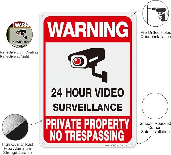 WOUSEDO 2-Pack Private Property No Trespassing Sign,Video Surveillance Signs Outdoor,Rust Free Aluminum 10 x7 Inches Security Camera Sign for Home,Business,CCTV,UV Protected & Waterproof