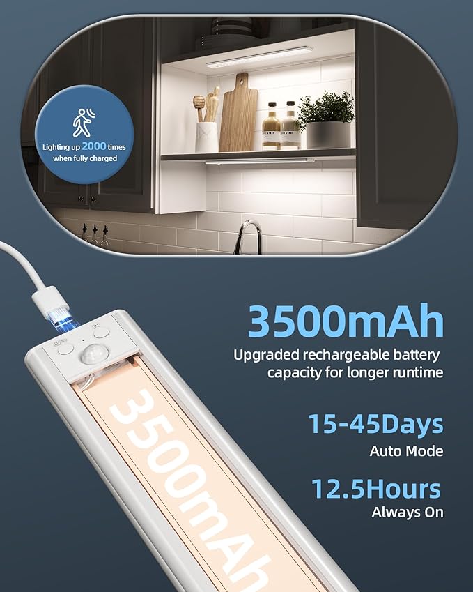 14.5-inch Under Cabinet Lights, Wireless Closet Light, Motion Sensor, 3500mAh Rechargeable Battery, Magnetic, 3 Color Temps, 5 Levels Dimmable, Under Counter Lights for Kitchen (2 Pack)
