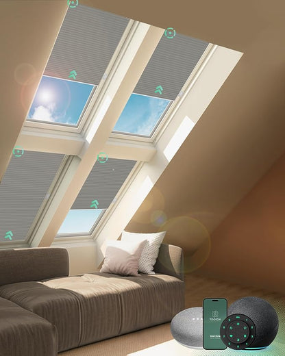 Yoolax Motorized Skylight Shades, Smart Cellular Shades Compatible with Alexa Google, Electric Cordless Honeycomb Blinds with Remote for Roof Inclined Plane Room (Blackout Light Grey)