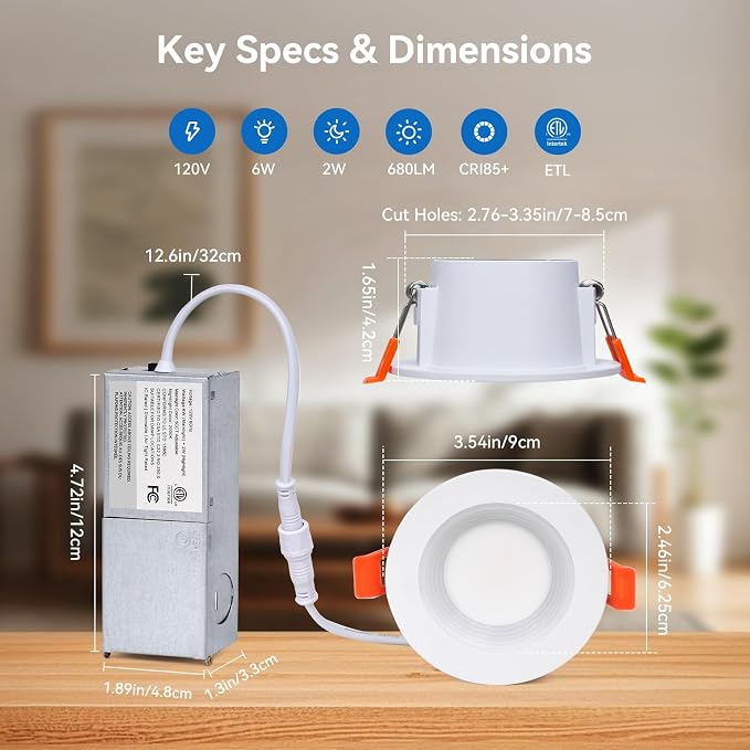CycevSun 3 Inch LED Recessed Light with Night Light, 2 Pack, Dual Mode | 5CCT 2700K-5000K Selectable, Dimmable, Sync & Reset, Canless Downlight, Main Light 6W, Night Light 2W, ETL, IC Rated