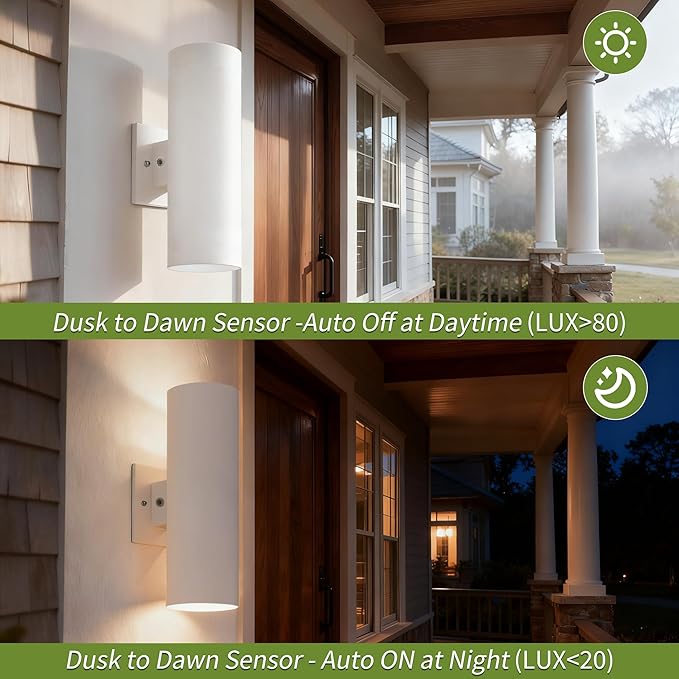 Dusk to Dawn Outdoor Wall Lights, 12'' Up and Down Integrated LED Cylinder Exterior Lighting Fixtures, 23W 3000K IP65 Waterproof Wall Sconces for House, Garage, Patio, Porch, White