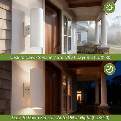 Dusk to Dawn Outdoor Wall Lights, 12'' Up and Down Integrated LED Cylinder Exterior Lighting Fixtures, 23W 3000K IP65 Waterproof Wall Sconces for House, Garage, Patio, Porch, White