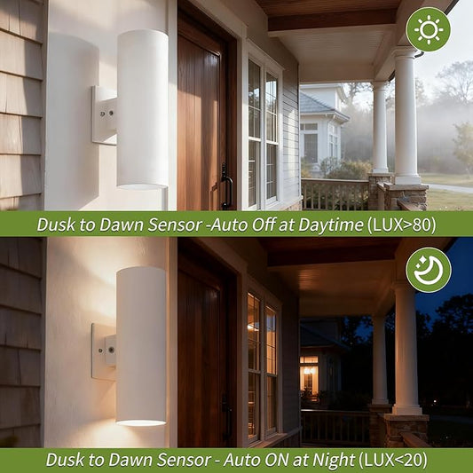 Dusk to Dawn Outdoor Wall Lights, 12'' Up and Down LED Cylinder Exterior Lighting Fixtures, 23W 3000K IP65 Waterproof Wall Sconces for House, Garage, Patio, Porch, 2 Pack White