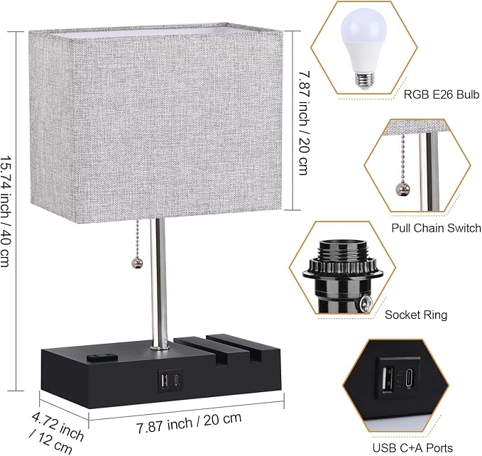 RGB Smart Table Lamp with Remote Control - Alexa Lamp for Bedroom with Voice & APP Control & Music Sync, Dimmable Nightstand Lamp with Charging Station for Living Room, Alexa Bulb Included