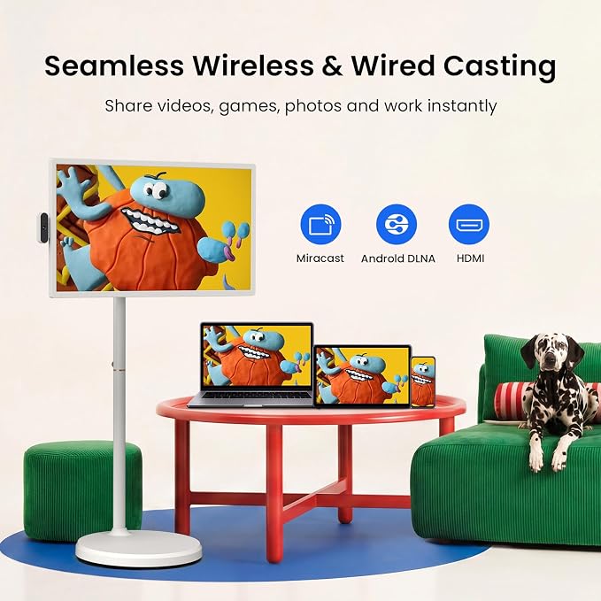 ApoloSign 32 Inch FHD Smart Portable TV on Wheels, Android 16 EDLA Certified, 128GB Storage, Built-in 15000mAh Battery, Voice Remote, Touch Screen TV with Rolling Stand for Home, Office - Gen2